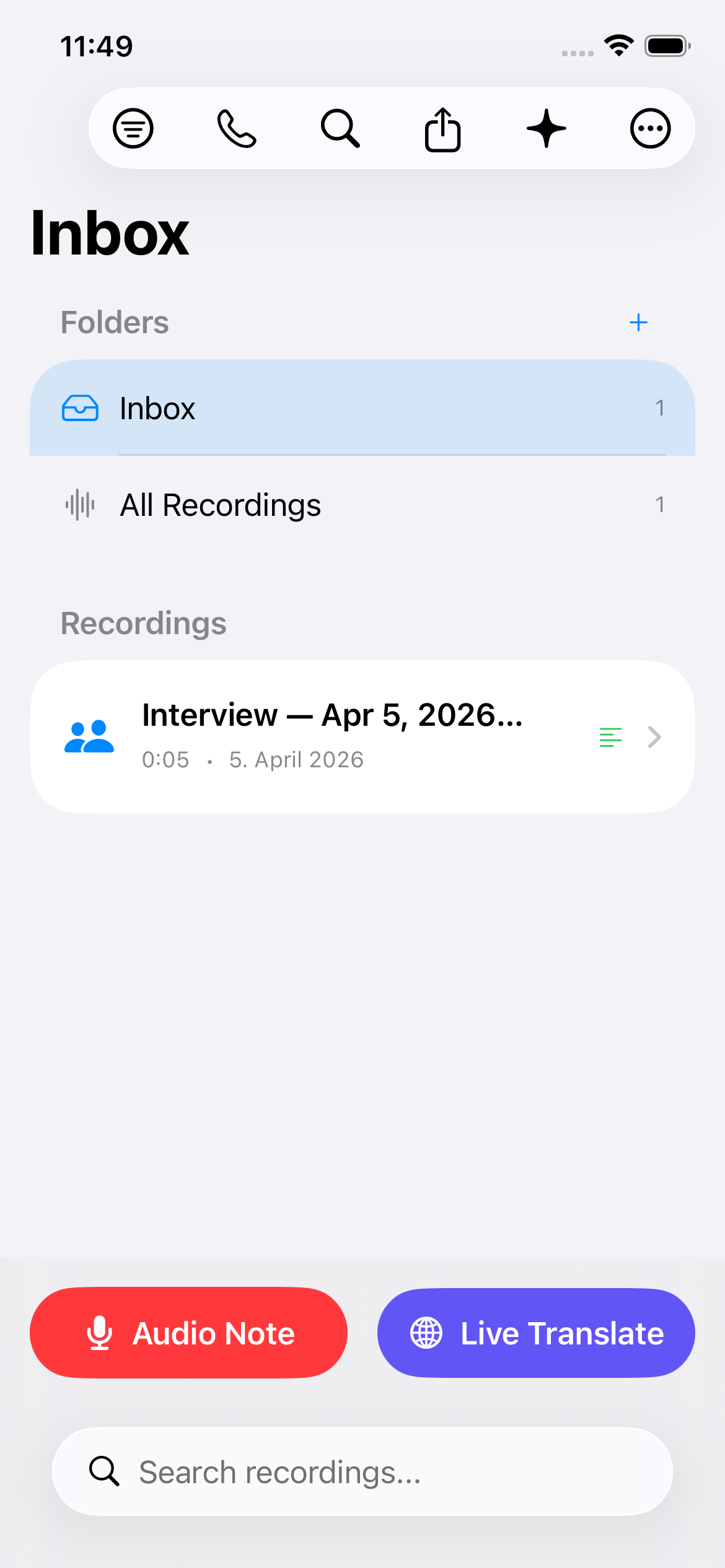 AudioNote AI Main Screen with Audio Note and Live Translate